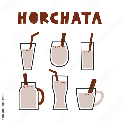 Traditional Mexican and Spanish drink horchata clipart collection. Rice and cinnamon beverage set. Vector flat illustration.