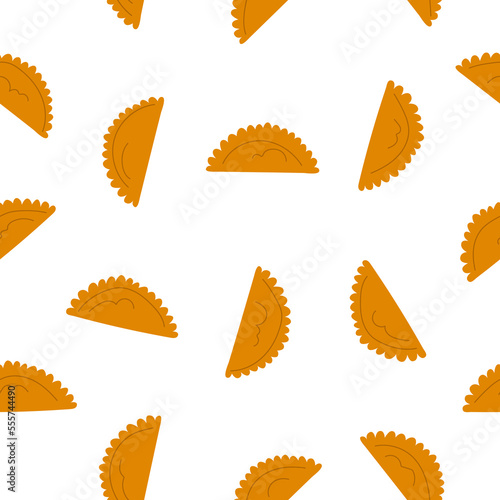 Traditional empanadas seamless pattern. Spanish, Portuguese, Latin American pastry background. Vector flat illustration.