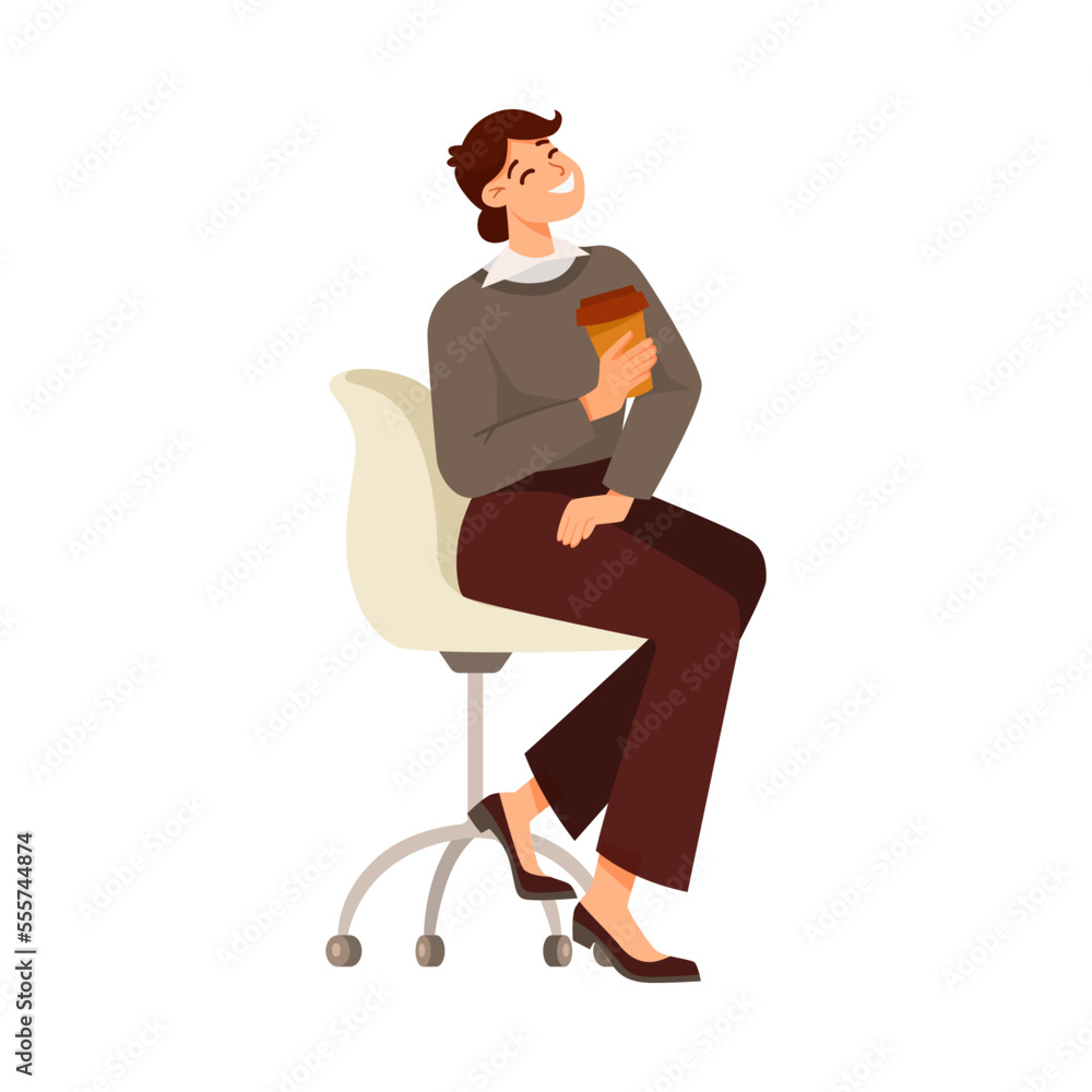 Cheerful Woman Office Worker Sitting on Chair with Coffee Cup and Smiling Vector Illustration Cheerful Woman Office Worker Sitting on Chair with Coffee Cup and Smiling Vector Illustration