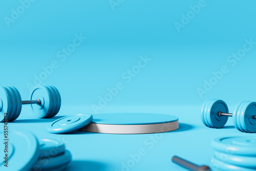 Elements of gymnasium on a blue background 3d render