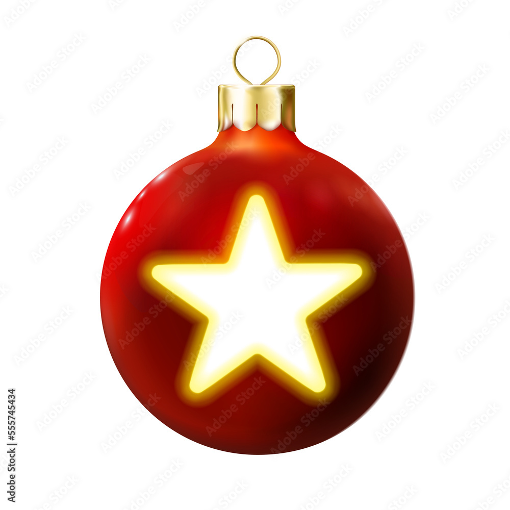 Red Christmas ball decorated yellow, golden star isolated. Glossy realistic bauble. 3d toy Merry xmas, New year design decoration. Modern fluorescent. Png Red Christmas ball decorated yellow, golden star isolated. Glossy realistic bauble. 3d toy Merry xmas, New year design decoration. Modern fluorescent. Png