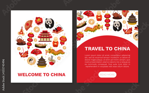China Banner Design with Traditional Chinese Attribute and Symbols Vector Template
