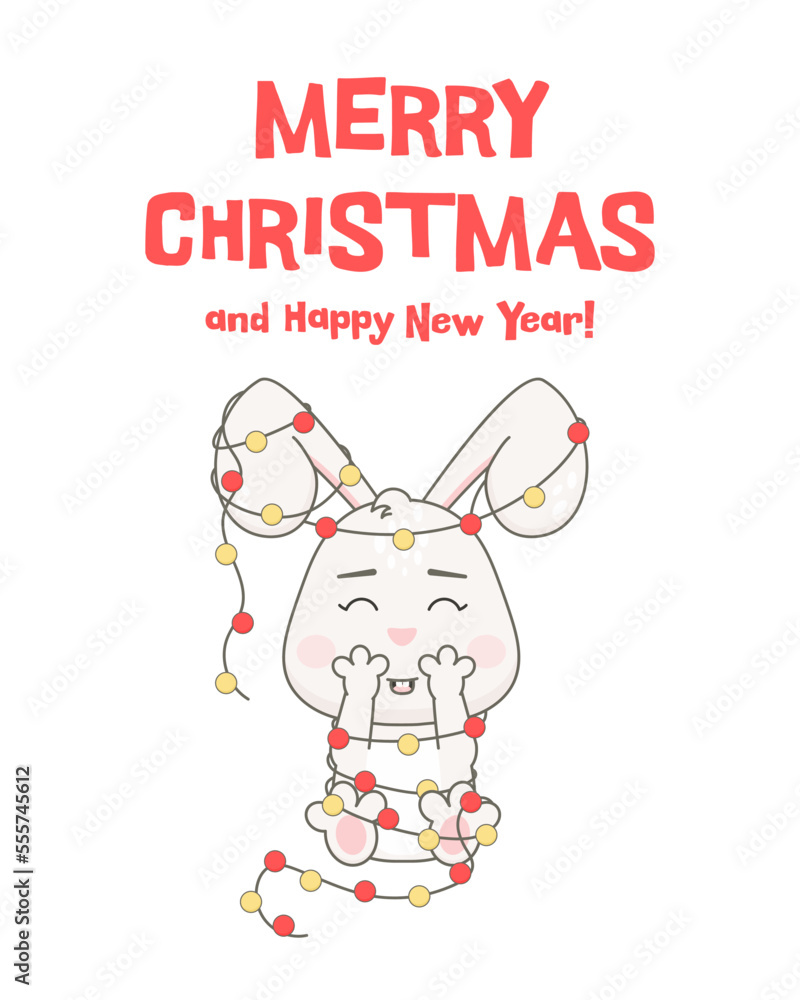 Fototapeta premium Cute rabbit character with Christmas tree isolated on white. Postcard template.