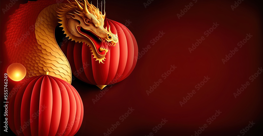 Golden chinese dragon with paper lanterns on red