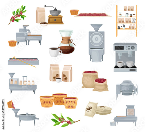 Coffee Production with Harvest and Industrial Process Big Vector Set