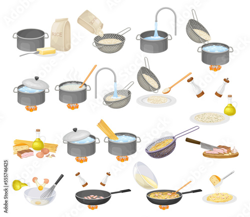 Cooking Rice and Pasta Carbonara Steps Big Vector Set