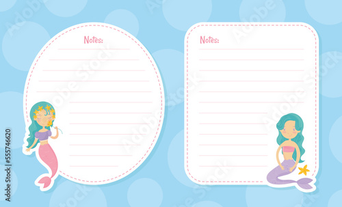 Mermaid Note Page with Cute Swimming Girl with Fish Tails Vector Template