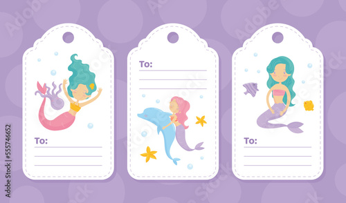 Mermaid Tags with Cute Swimming Girl with Fish Tails Vector Template