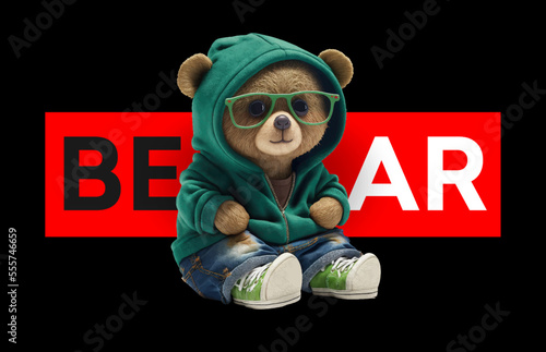 The bear stands dressed in a green sweater with a hood, jeans, sneakers and sunglasses on his face. Vector illustration