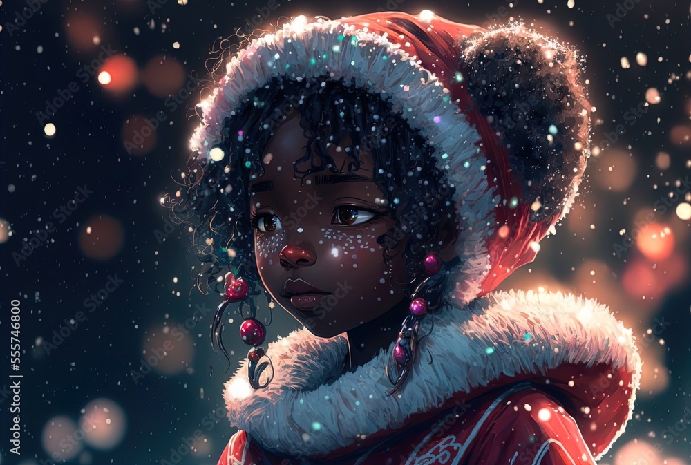 African American girl dressed as santa claus for christmas. Generative AI. African American girl dressed as santa claus for christmas. Generative AI.
