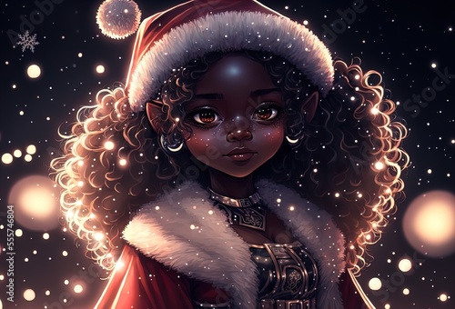 African American girl dressed as santa claus for christmas. Generative AI.