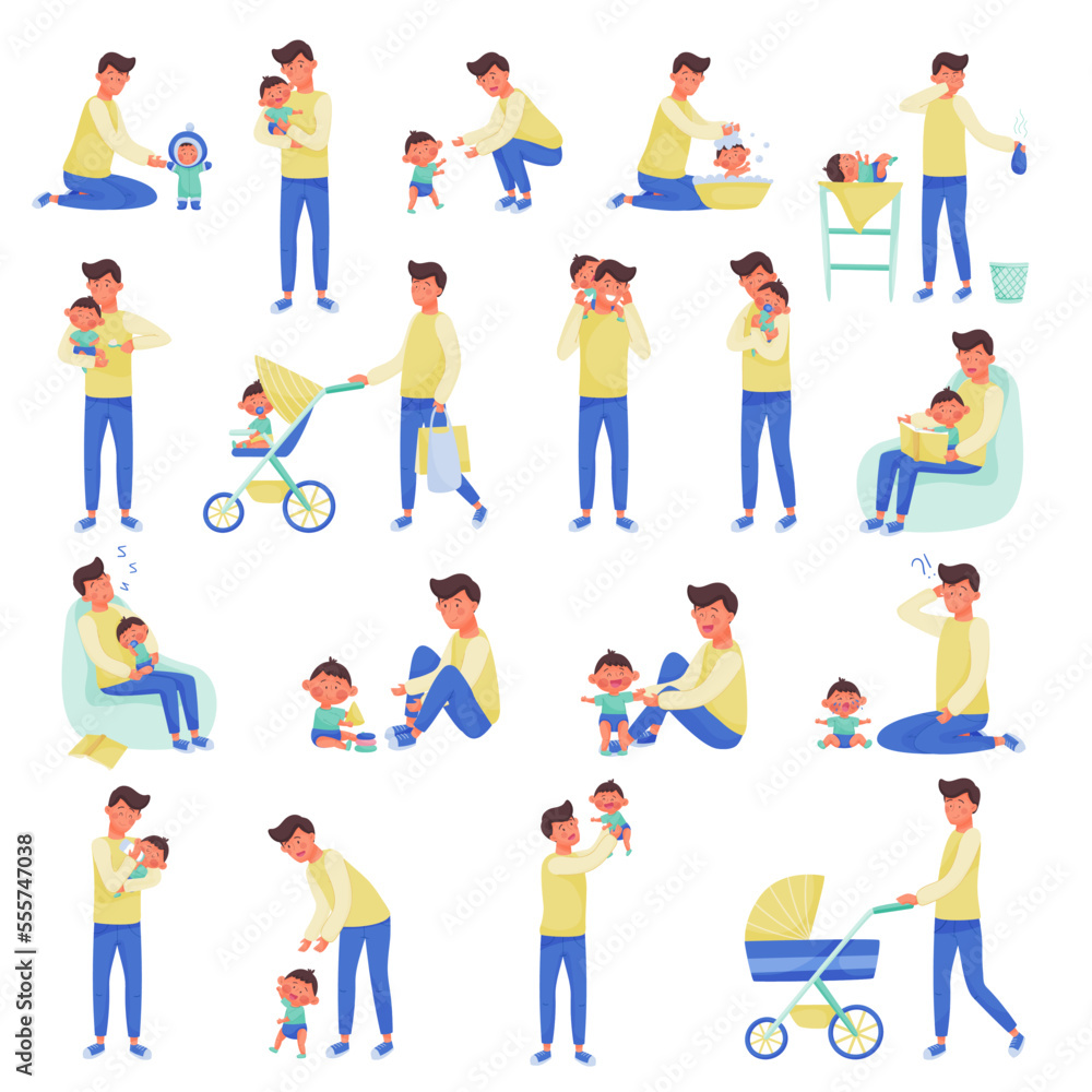 Man Dad Nursing and Playing with His Baby Son Big Vector Set