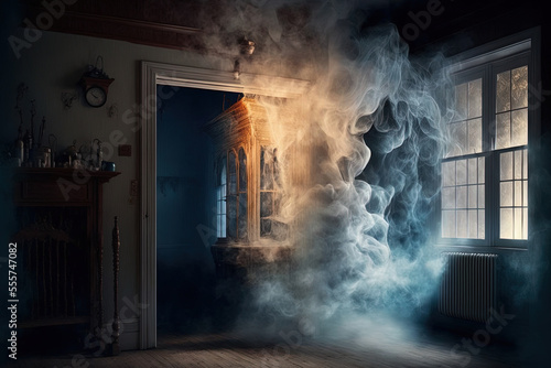 When there is a fire, a room in the home spews white smoke (). Generative AI photo