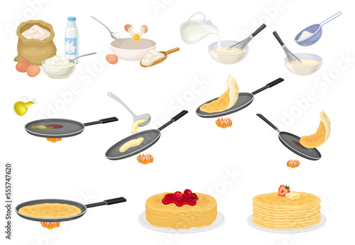 Pancake Cooking Process with Mixing Ingredient in Bowl and Frying on Pan Big Vector Set