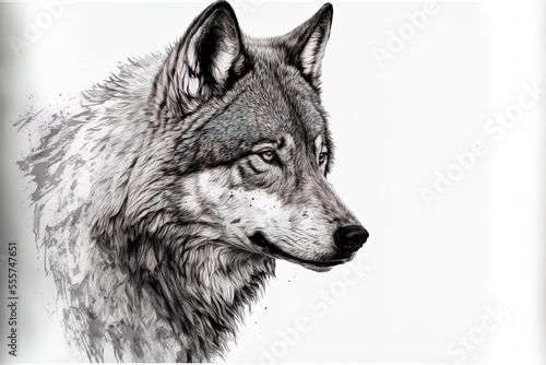 White background with a sideways drawing of a wolf. Generative AI