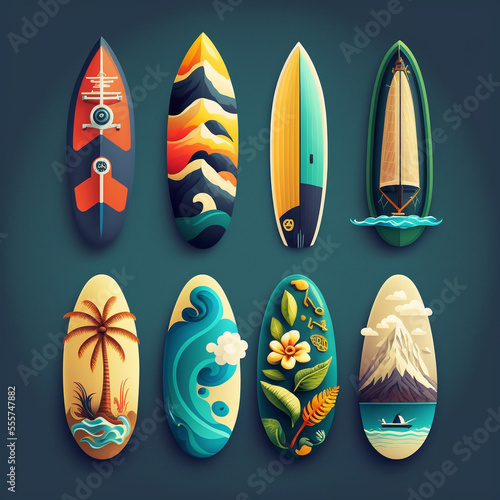  Illustrated artistic modern and vintage surfboard icons - created with Generative AI technology