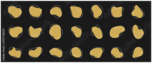 Set of irregular round blot form graphic element. Organic abstract fluid shapes isolated on black background.