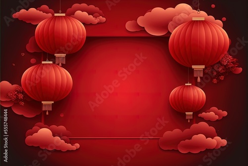 Red chinese paper lanterns in cloud sky on red