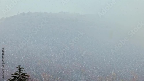 Mountain Peak with Autumn Trees and Snowing with Clouds in Caslano, Ticino, Switzerland. photo