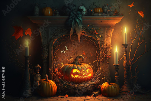Halloween decorations include a fireplace, a straw and candle topped monster, and pumpkins. Generative AI