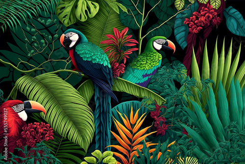 Tropical patterns with exotic jungle birds and vegetation with many colors
Generated ai