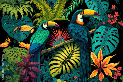 Tropical patterns with exotic jungle birds and vegetation with many colors
Generated ai