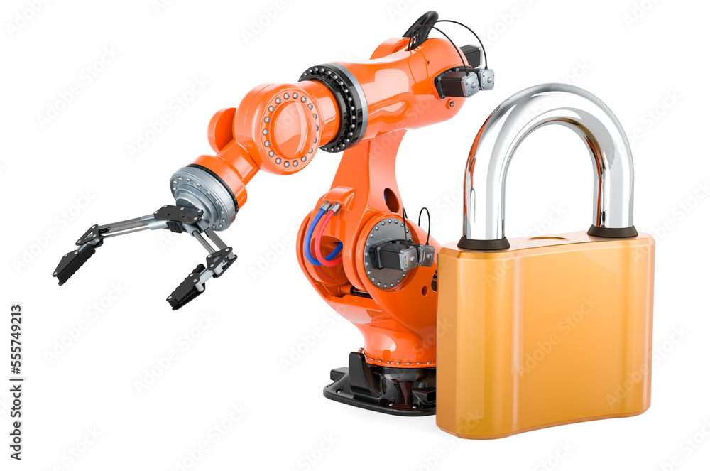 Robotic arm with padlock, 3D rendering Robotic arm with padlock, 3D rendering