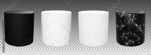 White and black vector cylinder podium. Isolated stone pedestal for mockup. Realistic product showcase with glass surface