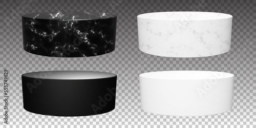 Oval marble product stand in white and black. Cylinder stone podium for advertising. Vector stage for musium or gallery banner presentation