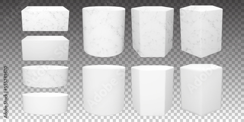 Set of white marble podiums in different geometric shapes. Hexagon realistic stone stand for any object in museum or gallery