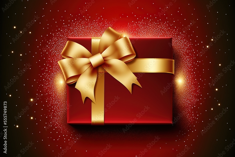 merry christmas, gift box with golden ribbon bow isolated on red sparkle background with stars, gift greeting card ticket top view, copy space template, banner or label Generative AI merry christmas, gift box with golden ribbon bow isolated on red sparkle background with stars, gift greeting card ticket top view, copy space template, banner or label Generative AI