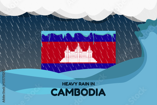 Heavy rain in Cambodia banner, rainy day and winter concept, cold weather, flood and precipitation