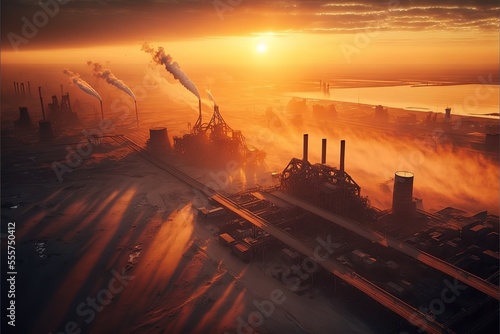 industry metallurgical plant dawn smoke smog. Generative AI