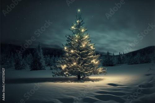 Illuminated christmas tree on the snow at night stock photo. Generative AI