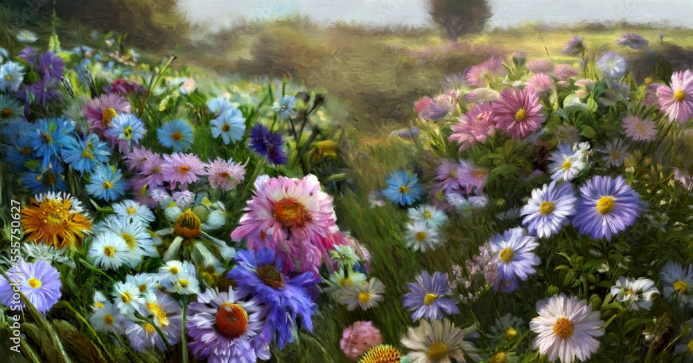 Obraz premium Oil paintings landscape, field of flowers. Artwork, fine art