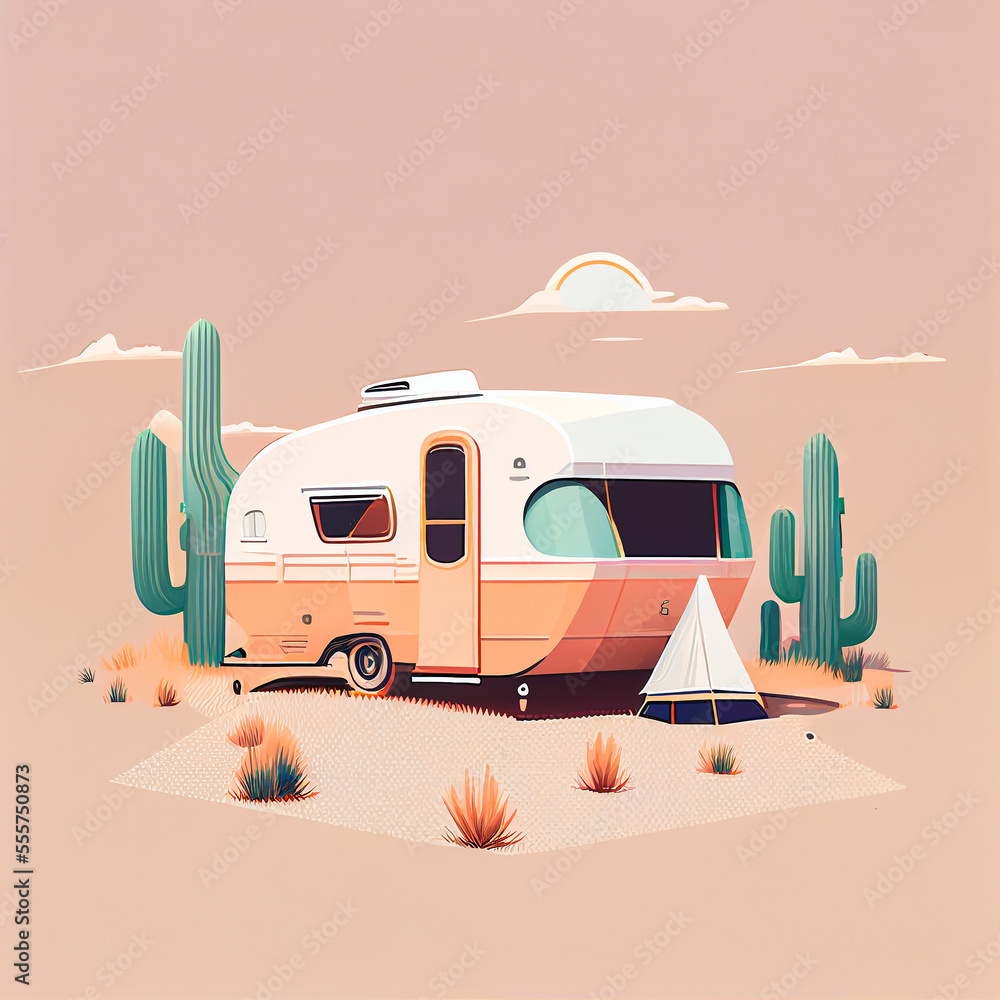 illustration of a caravan camping in the desert, created with Generative AI - obrazy, fototapety, plakaty 