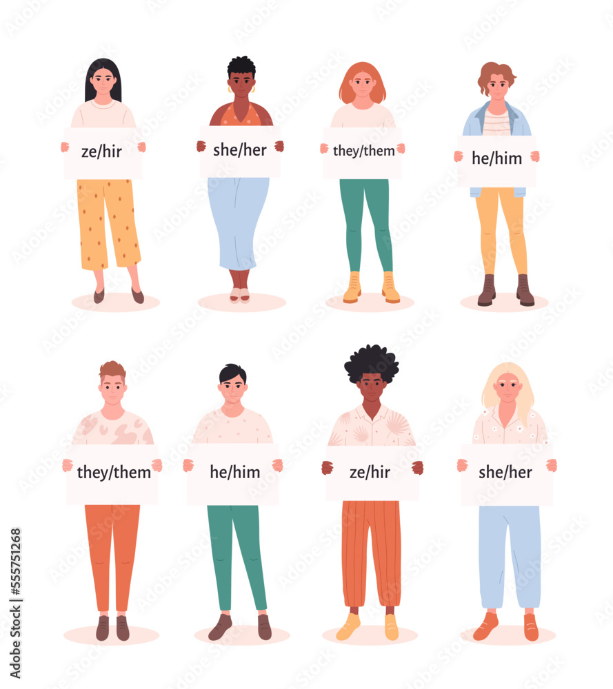 People holding signs with gender pronouns. She, he, they, ze, non ...
