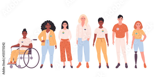 People with LGBTQ pin. Non-binary person, transgender. People with physical disability. Social diversity. Hand drawn vector illustration