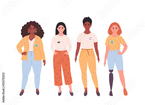 Women with LGBTQ pin. Non-binary person, transgender. Woman with physical disability. Social diversity. Hand drawn vector illustration