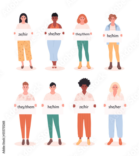 People holding signs with gender pronouns. She, he, they, ze, non-binary. Gender-neutral movement. LGBTQ community. Hand drawn vector illustration