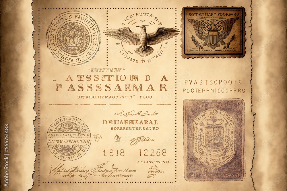 Passport visas stamps on sepia textured, vintage travel collage background. Generative AI