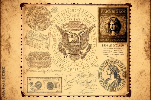 Passport visas stamps on sepia textured, vintage travel collage background. Generative AI