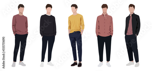 Group fashion men in modern trendy outfits. Young people wearing stylish casual summer clothes. Colored flat graphic vector illustration of fashionable man isolated on white background