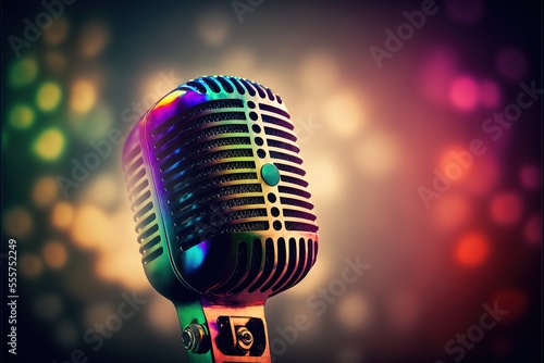 Sing Microphone For Live Karaoke And Concert Retro Mic With Defocused Abstract Background. Generative AI