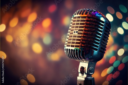 Sing Microphone For Live Karaoke And Concert Retro Mic With Defocused Abstract Background. Generative AI