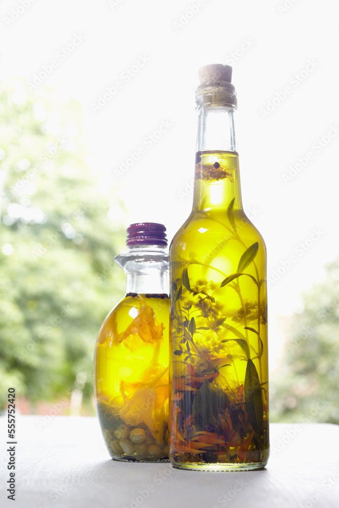 Still life of bottles of olive oil with herbs on window sill, Germany Still life of bottles of olive oil with herbs on window sill, Germany