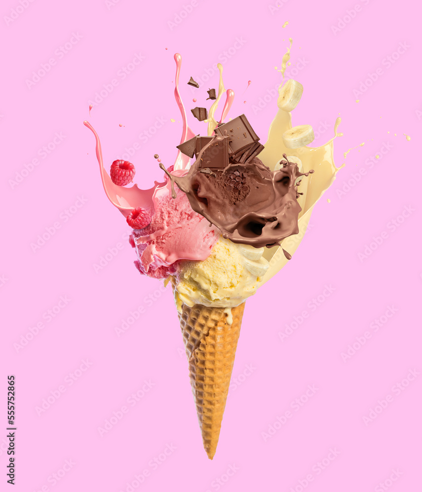 Ice cream cone with chocolate and various fruits Ice cream cone with chocolate and various fruits