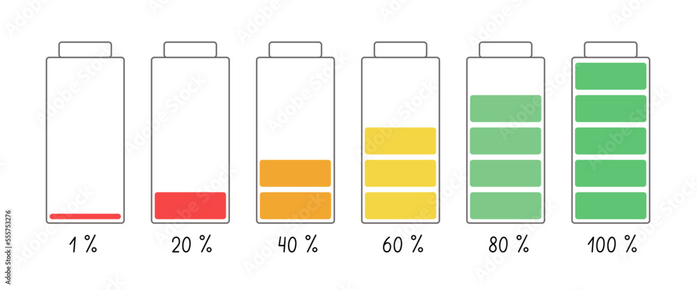 Battery icons set with different level of charge shown in per cents, charge indicator simple cartoon vector illustration, eco-friendly concept Battery icons set with different level of charge shown in per cents, charge indicator simple cartoon vector illustration, eco-friendly concept