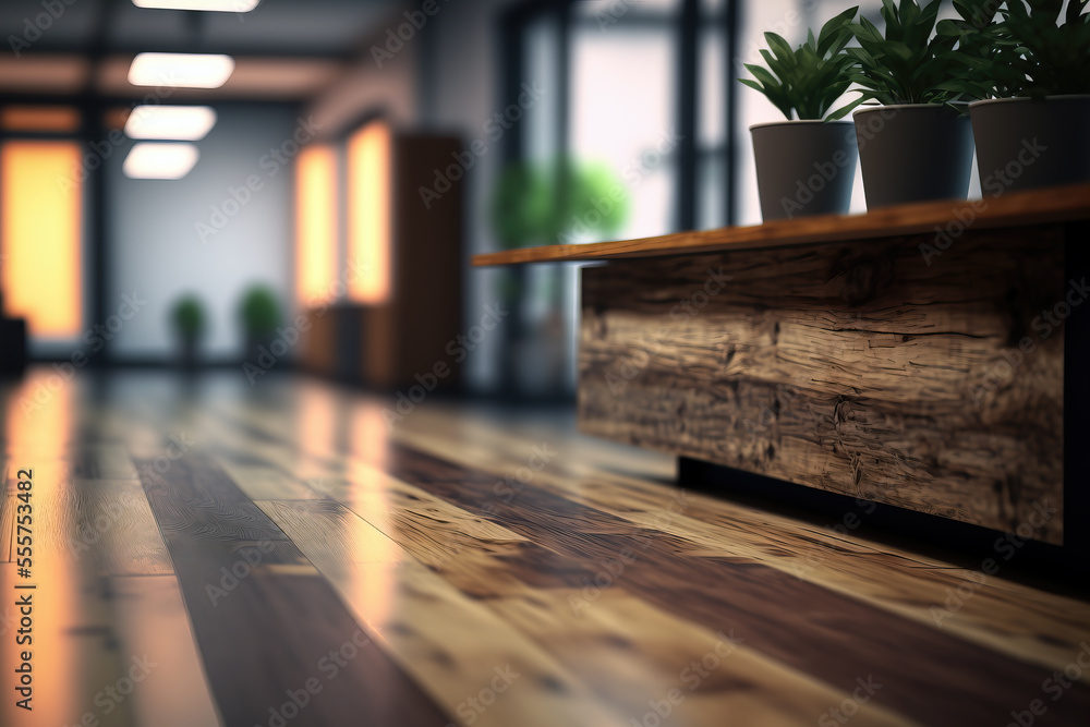 wooden fllor and blurred office room as background wooden fllor and blurred office room as background