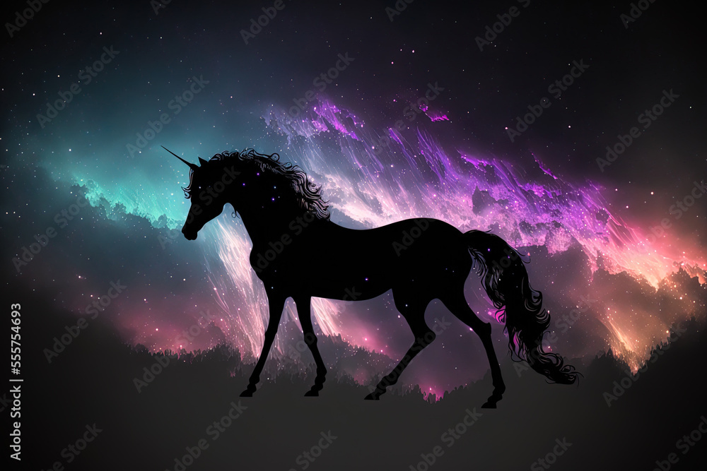 Fantasy unicorn silhouetted against a dark space silhouette. Generative AI Fantasy unicorn silhouetted against a dark space silhouette. Generative AI